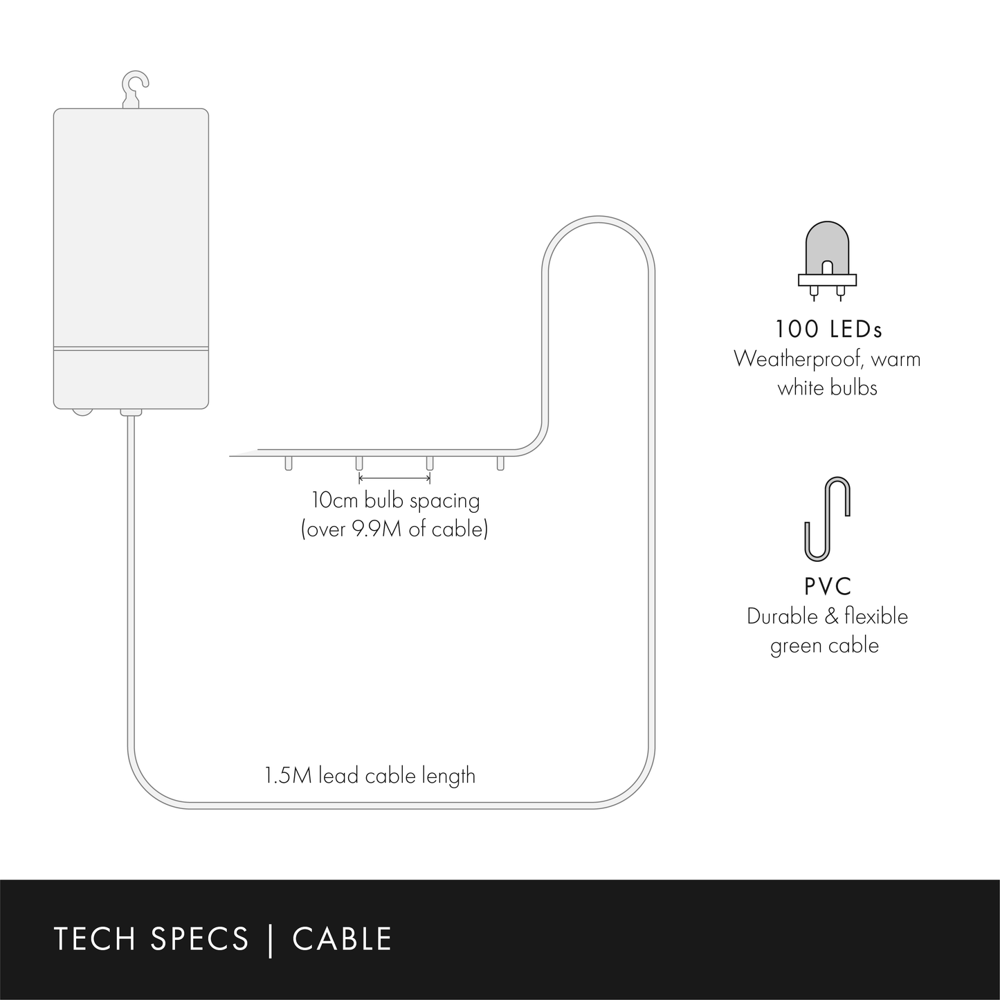 100 Warm White LED Outdoor Battery Fairy Lights On Green Cable